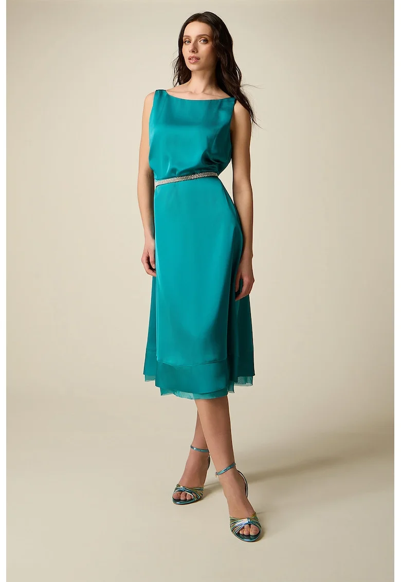 Rochie midi fara maneci cu o curea cu bijuterii, Turcoaz