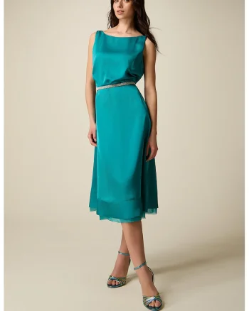 Rochie midi fara maneci cu o curea cu bijuterii, Turcoaz