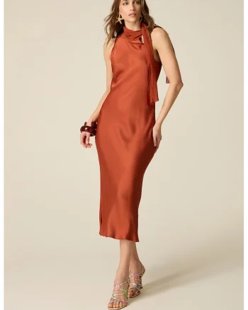 Rochie midi de satin cu decolteu cu funda, Portocaliu stins