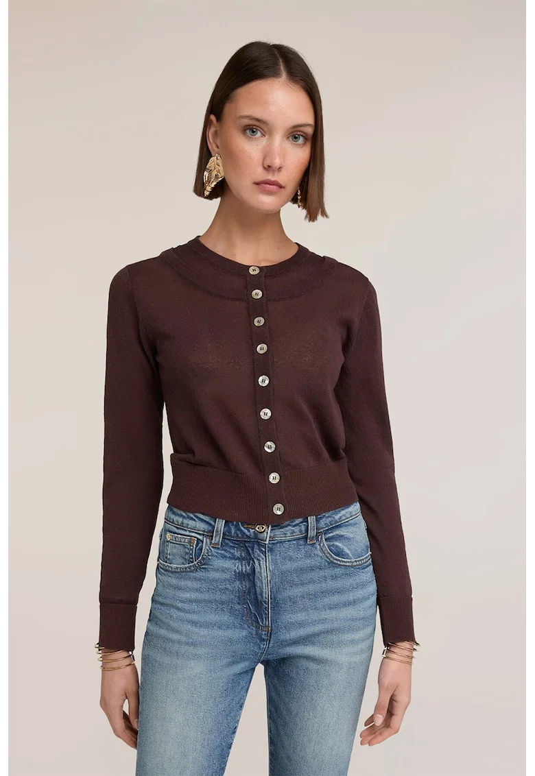 Pulover crop cu nasturi, Maro inchis