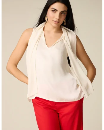 Bluza cu funda din panglici, Crem