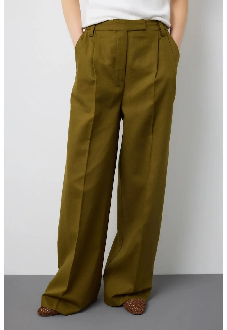 Pantaloni din amestec de bumbac si in, cu croiala ampla, Kaki