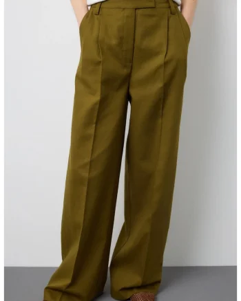 Pantaloni din amestec de bumbac si in, cu croiala ampla, Kaki