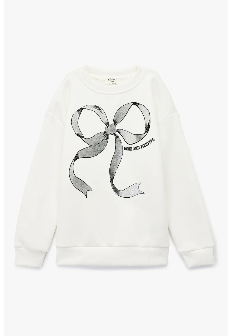 Bluza de trening cu maneci cazute si imprimeu, Alb fildes/Gri