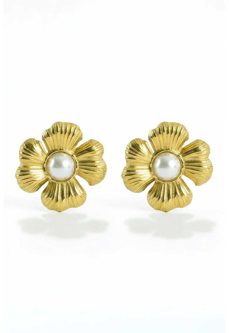 Cercei in forma de floare placati cu aur de 18K, Alb/Auriu