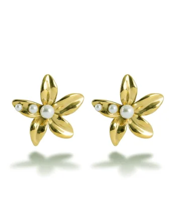Cercei placati cu aur de 18K, cu design floral, Alb/Auriu