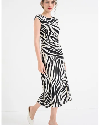 Rochie cu animal print si decupaj triughiular pe partea din spate, Alb/Negru