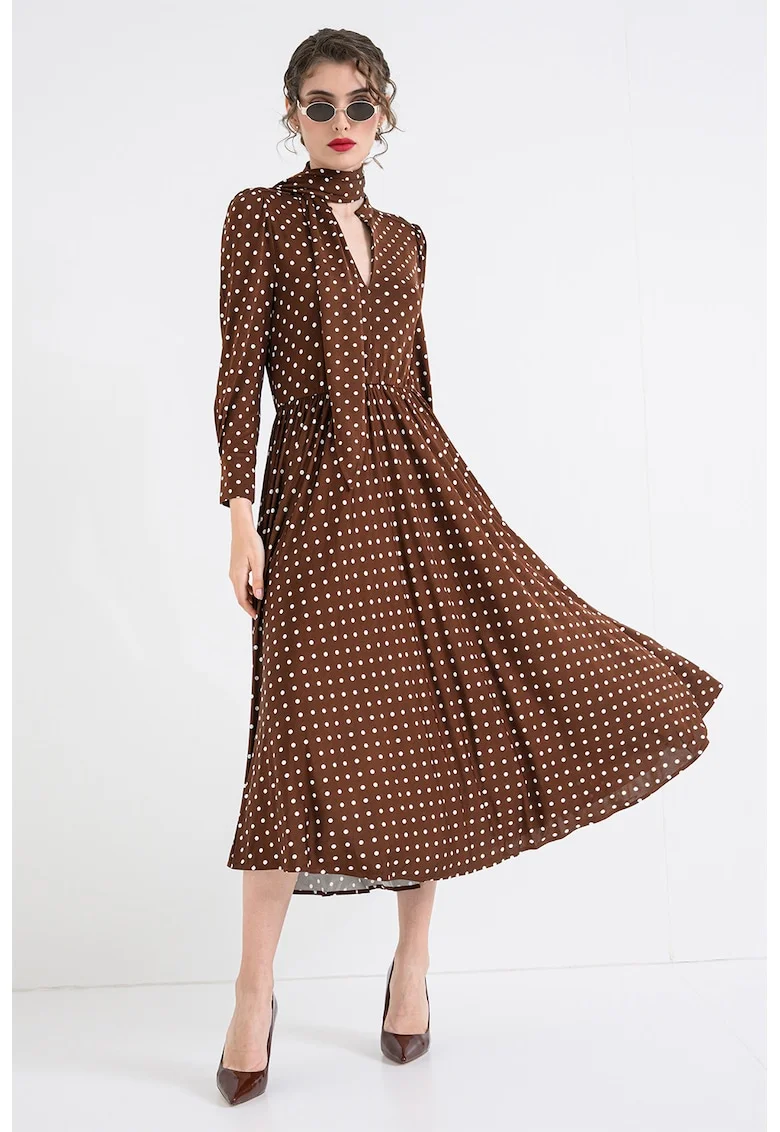 Rochie midi cu buline, Alb/Maro pamantiu