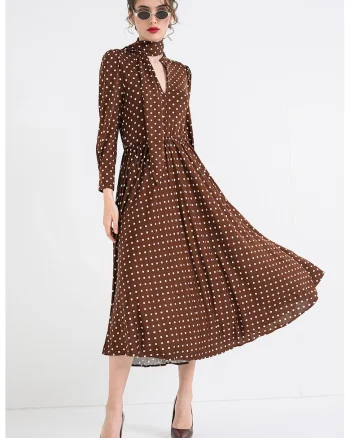 Rochie midi cu buline, Alb/Maro pamantiu