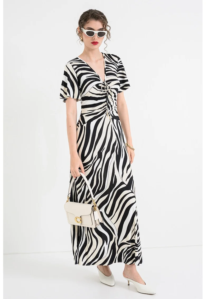 Rochie cu decolteu in V si animal print, Alb/Negru