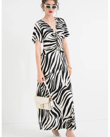 Rochie cu decolteu in V si animal print, Alb/Negru