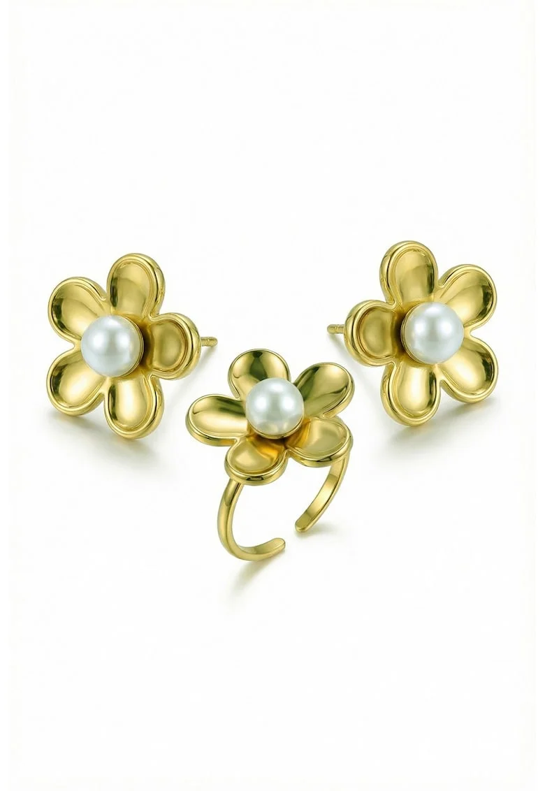 Set de cercei si inel cu design floral si decorat cu perle, Alb/Auriu
