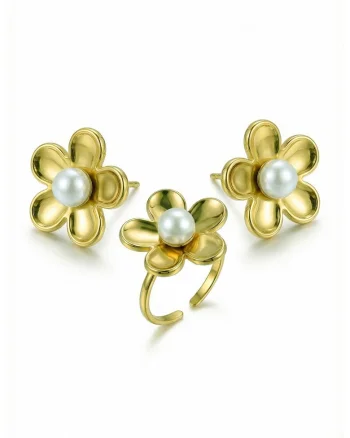 Set de cercei si inel cu design floral si decorat cu perle, Alb/Auriu