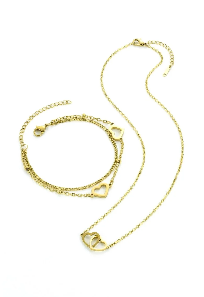 Set de bratara placata cu aur de 18K si colier cu pandantiv inima, Auriu