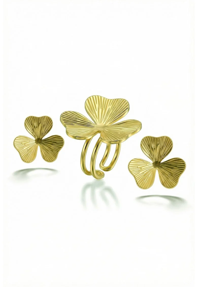 Set de inel si cercei placat cu aur de 18K, cu design floral, Auriu