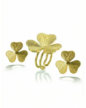 Set de inel si cercei placat cu aur de 18K, cu design floral, Auriu