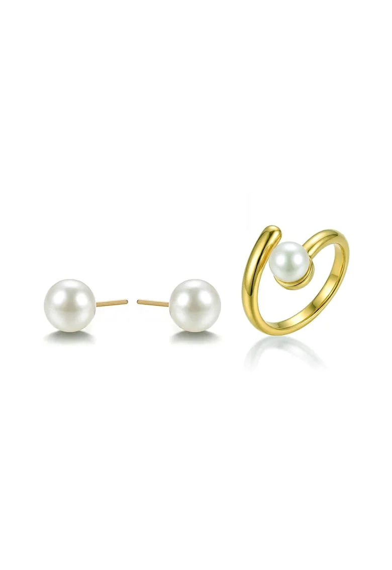 Set de cercei si inel placat cu aur de 18K si decorate cu perle, Alb/Auriu