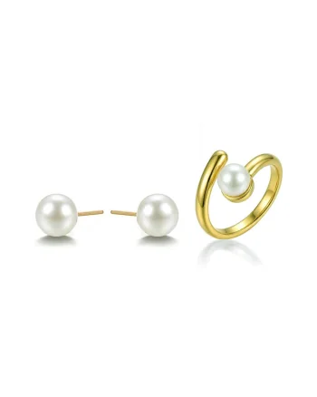 Set de cercei si inel placat cu aur de 18K si decorate cu perle, Alb/Auriu