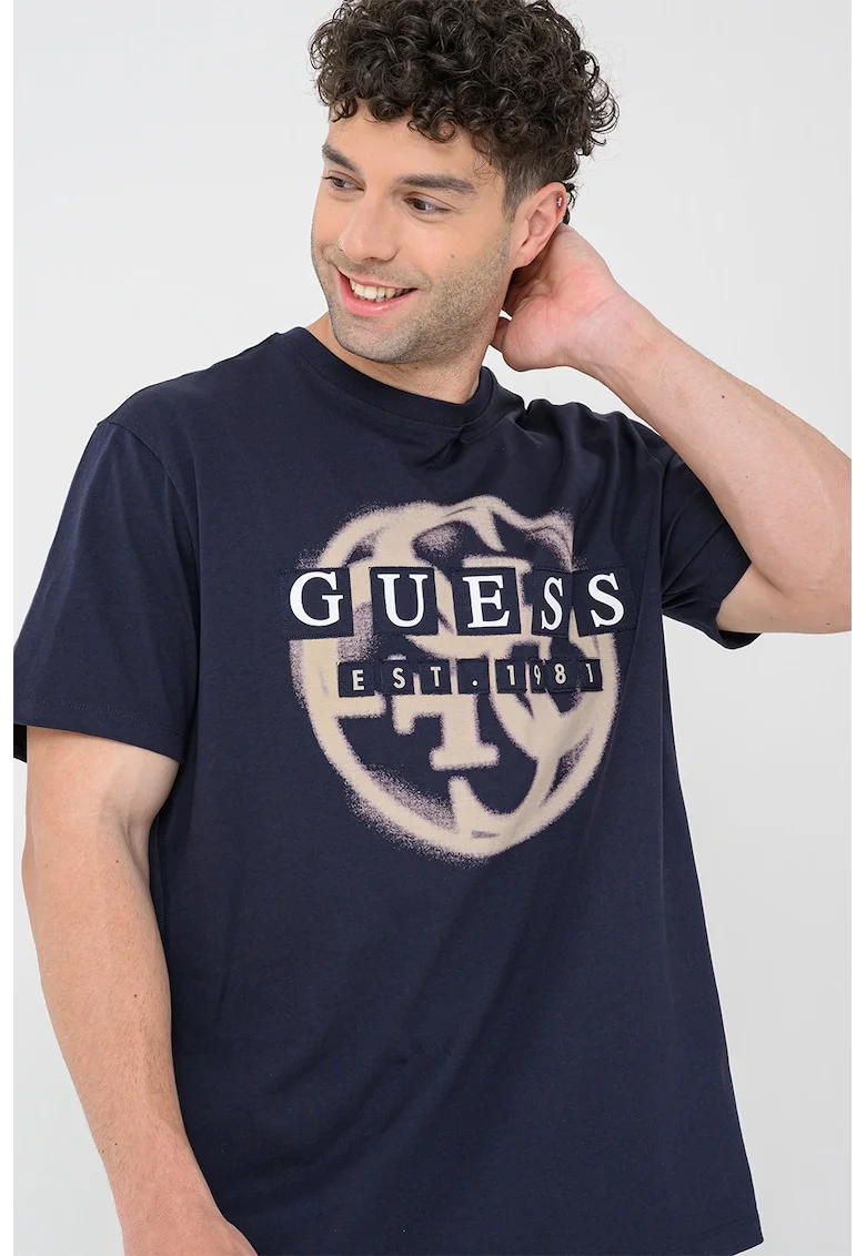Tricou regular fit din bumbac cu imprimeu logo supradimensionat, Bleumarin