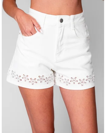 Blugi scurti elastici cu broderie 20797, Alb