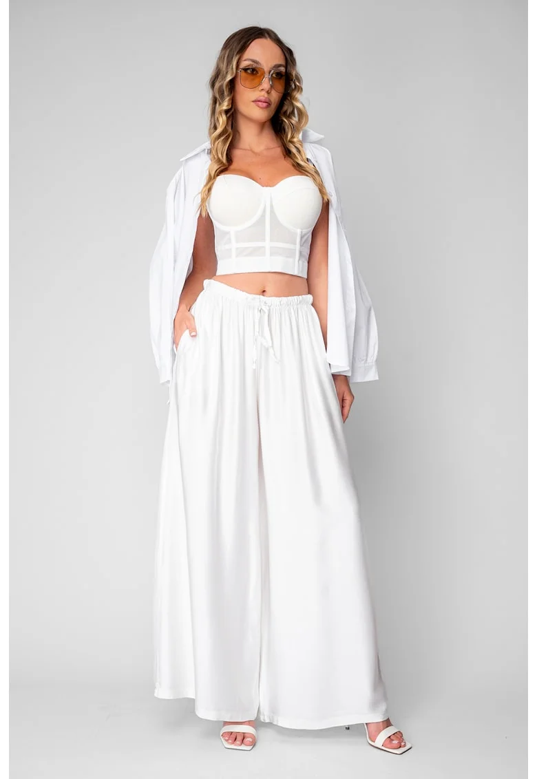 Pantaloni lung din mix de matase Alb optic