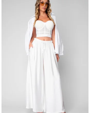Pantaloni lung din mix de matase Alb optic
