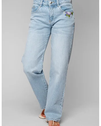 Blugi lungi elastici cu broderie florala 20802, Albastru deschis