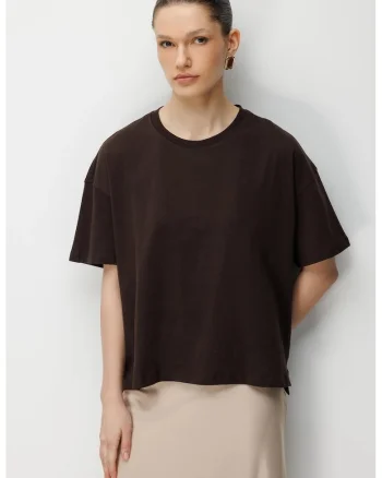 Tricou femei  maro, cu guler rotund