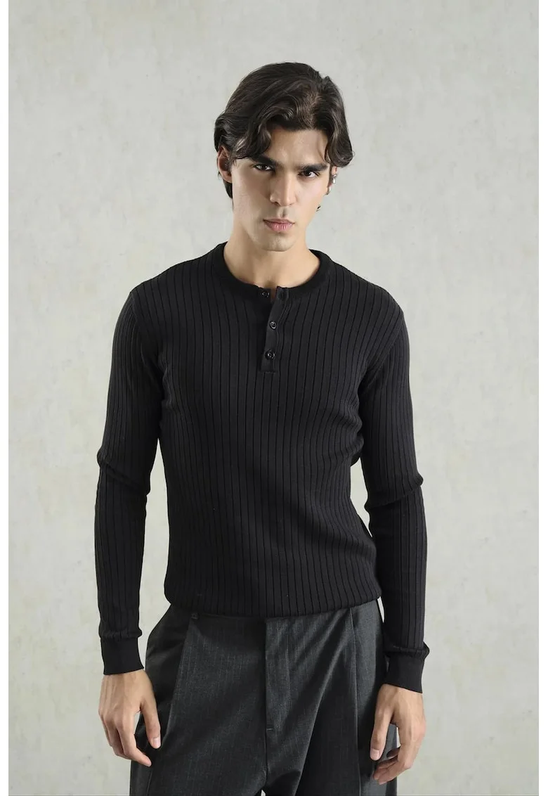 Bluza barbati,  Slim Fit, cu guler rotund, negru, bumbac,