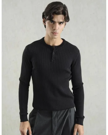 Bluza barbati,  Slim Fit, cu guler rotund, negru, bumbac,