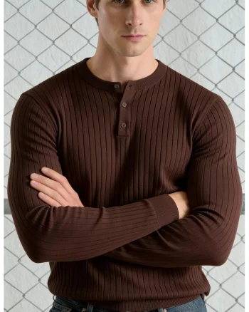 Bluza barbati,  Slim Fit, maneca lunga, maro, bumbac