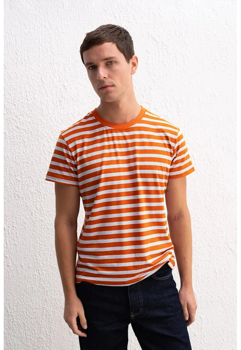 Tricouri barbati,  Tricou Slim Fit cu dungi, rosu, elastic, poliester-viscoza-elastan