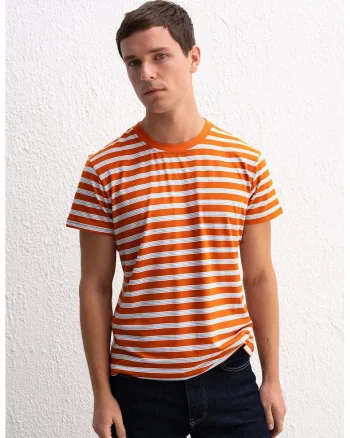 Tricouri barbati,  Tricou Slim Fit cu dungi, rosu, elastic, poliester-viscoza-elastan