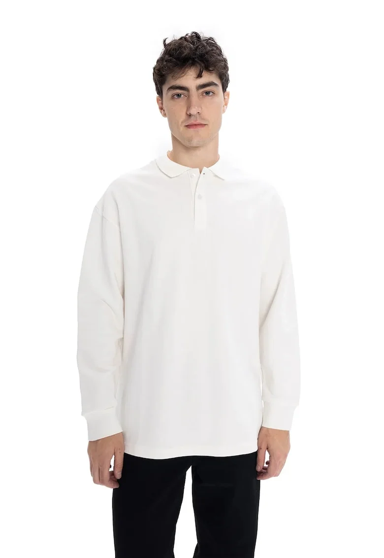 Bluza polo barbati,  maneca lunga, alb, poliester, detalii nasturi