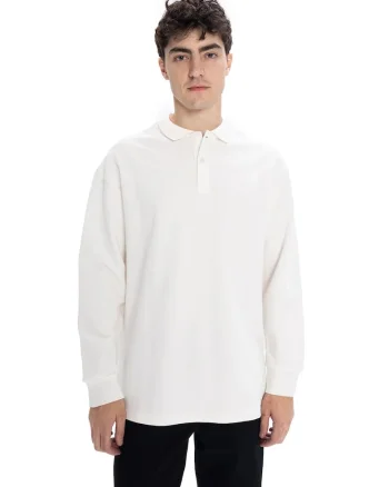 Bluza polo barbati,  maneca lunga, alb, poliester, detalii nasturi