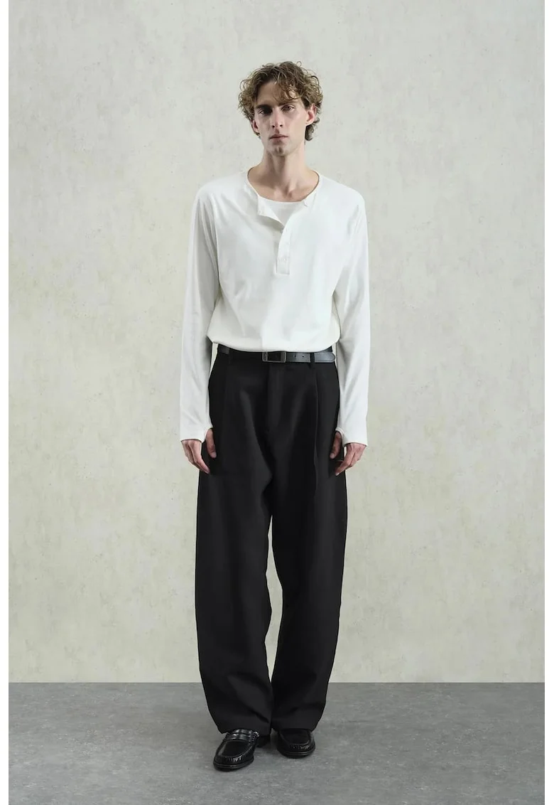 Bluza barbati,  maneca lunga, guler in U, alb, bumbac,