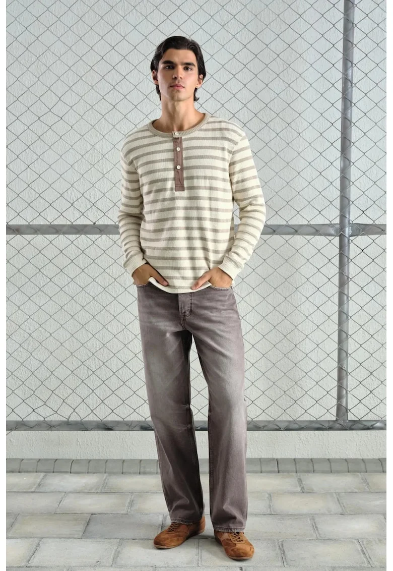 Bluza barbati,  cu maneca lunga, dungi, natural, bumbac