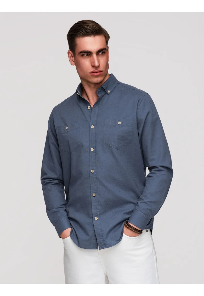 Camasa barbati bumbac-in Regular Fit Maneca Lunga cu Buzunare, Albastru inchis
