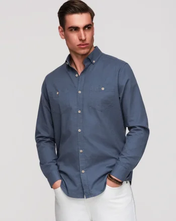 Camasa barbati bumbac-in Regular Fit Maneca Lunga cu Buzunare, Albastru inchis