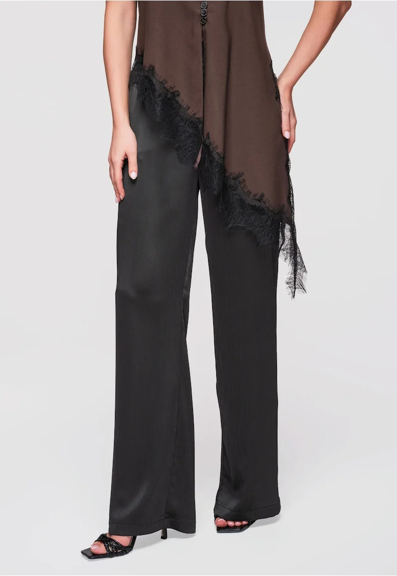 Pantaloni Dama Eleganti cu Talie Medie si Croiala Larga din Satin, Negru