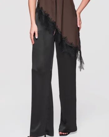 Pantaloni Dama Eleganti cu Talie Medie si Croiala Larga din Satin, Negru