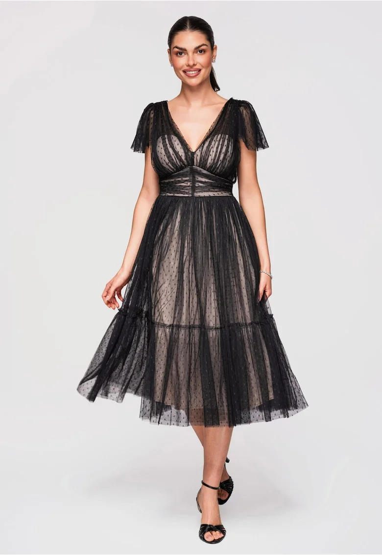 LARICA Rochie Midi Evazata, cu Decolteu in V si Tulle cu Model Delicat, Negru