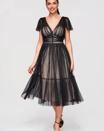LARICA Rochie Midi Evazata, cu Decolteu in V si Tulle cu Model Delicat, Negru