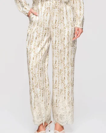 Pantaloni Lunga, Largi cu Talie Inalta si Imprimeu Animal, Eleganti si Confortabili, Bej