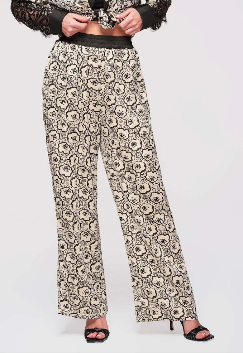 Pantaloni Lungime Completa cu Imprimeu Floral si Talie Elastica, Croiala Larga, Bej