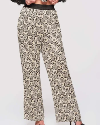 Pantaloni Lungime Completa cu Imprimeu Floral si Talie Elastica, Croiala Larga, Bej