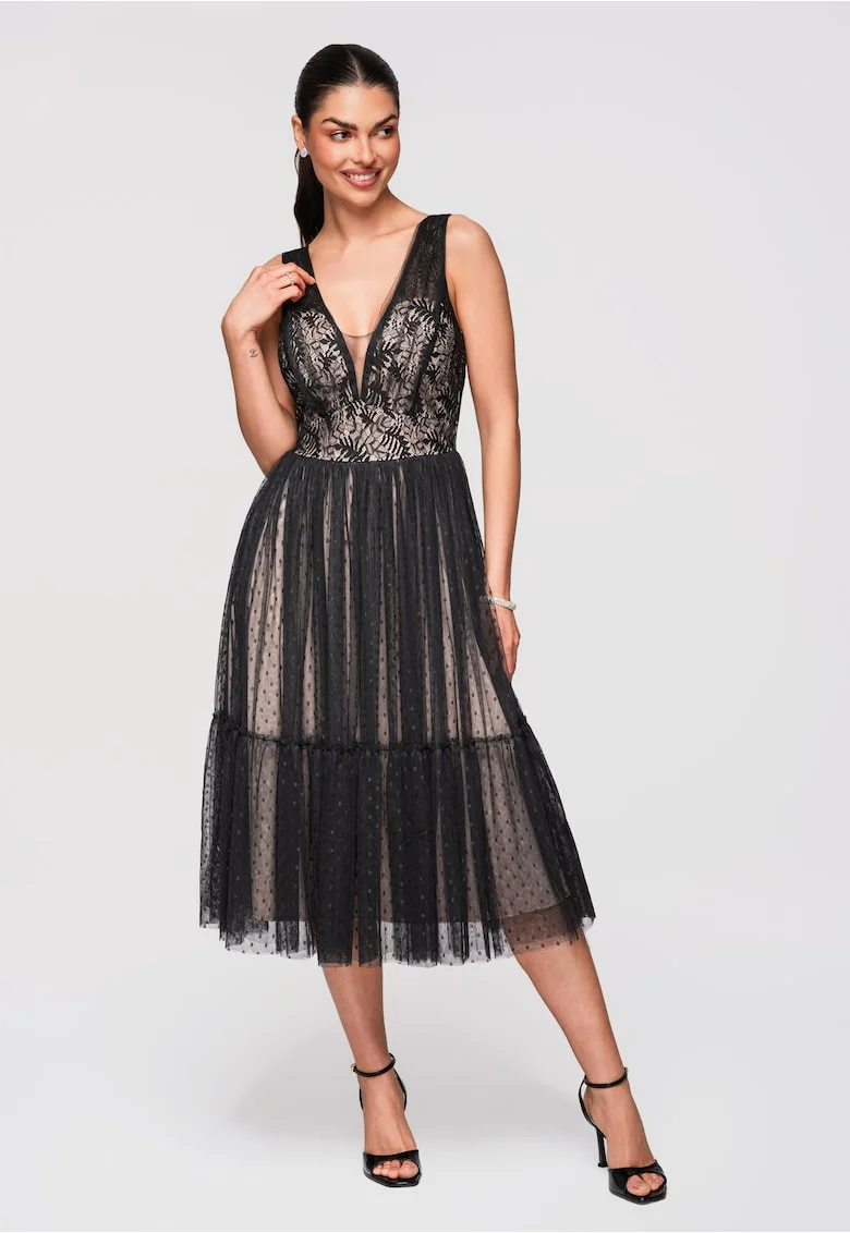 Rochie Midi Evazata Dantela si Tul Rochie Eleganta de Cocktail, Negru