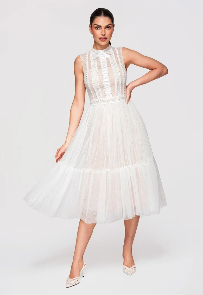 Rochie Midi Evazata cu Dantela si Guler Inalt, Rochie Eleganta de Ocazie, Alb