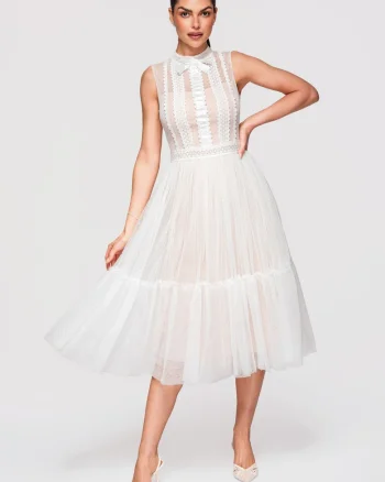 Rochie Midi Evazata cu Dantela si Guler Inalt, Rochie Eleganta de Ocazie, Alb
