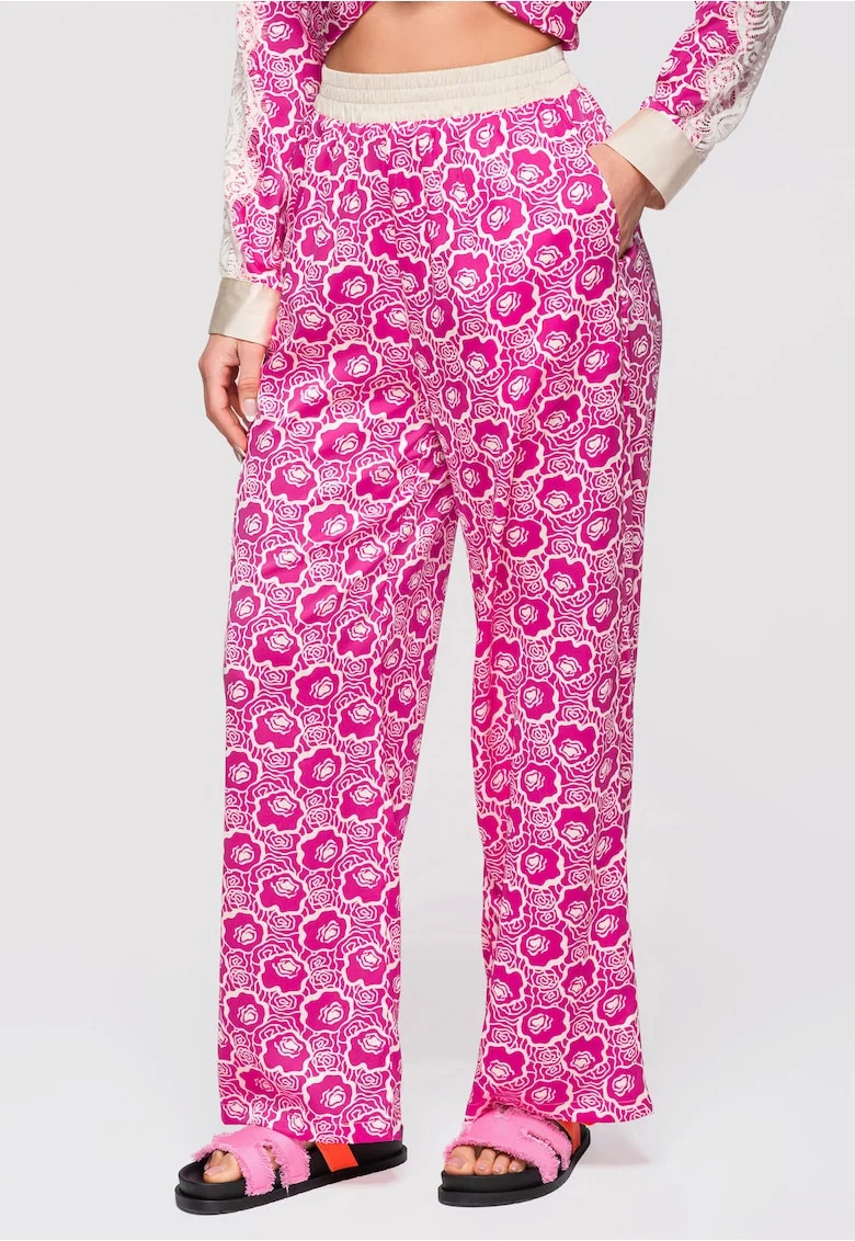 Pantaloni Lungime Completa cu Imprimeu Floral si Talie Elastica, Croiala Larga, Fucsia